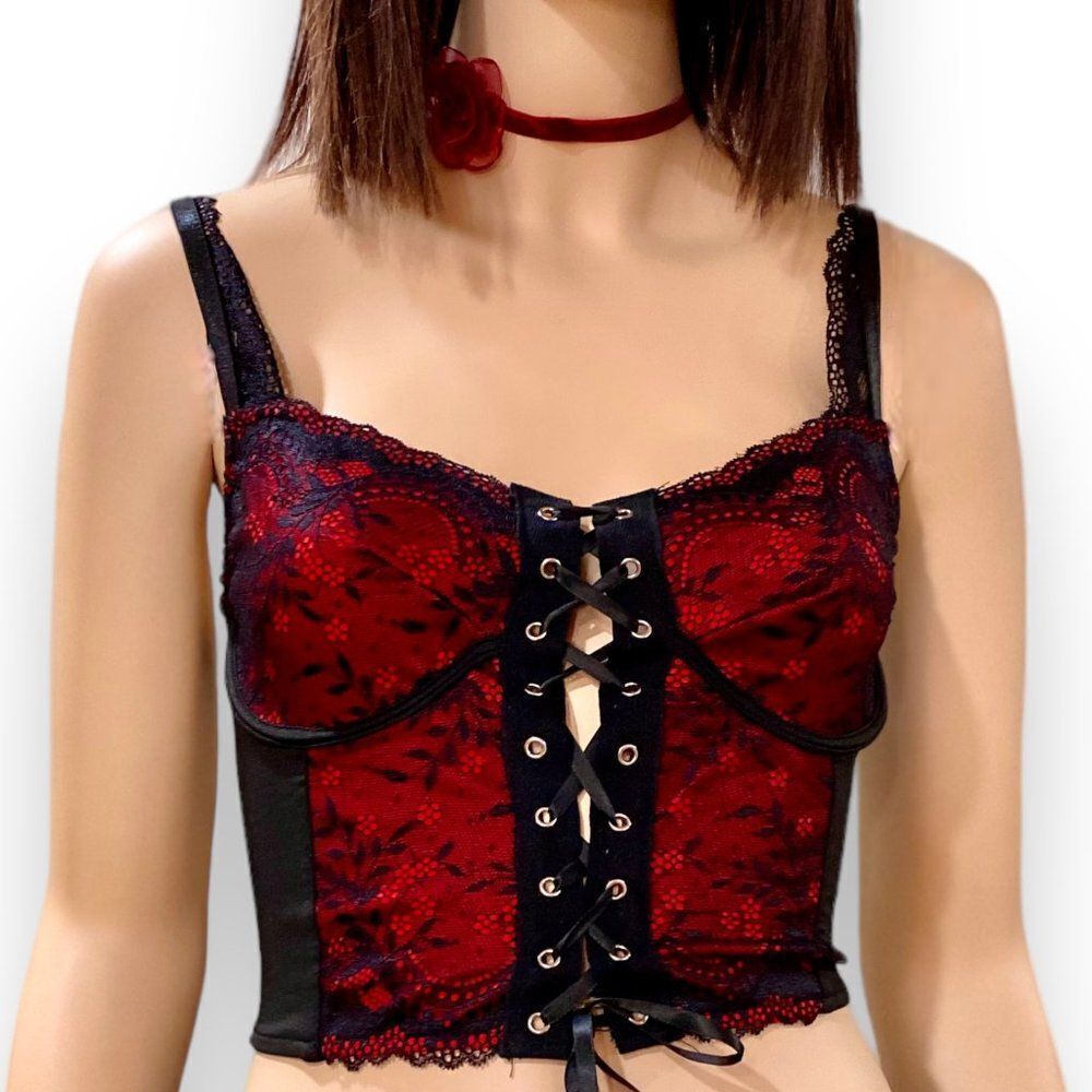 Black Red Floral Lace Up Front Cropped Corset Top S/M NWT